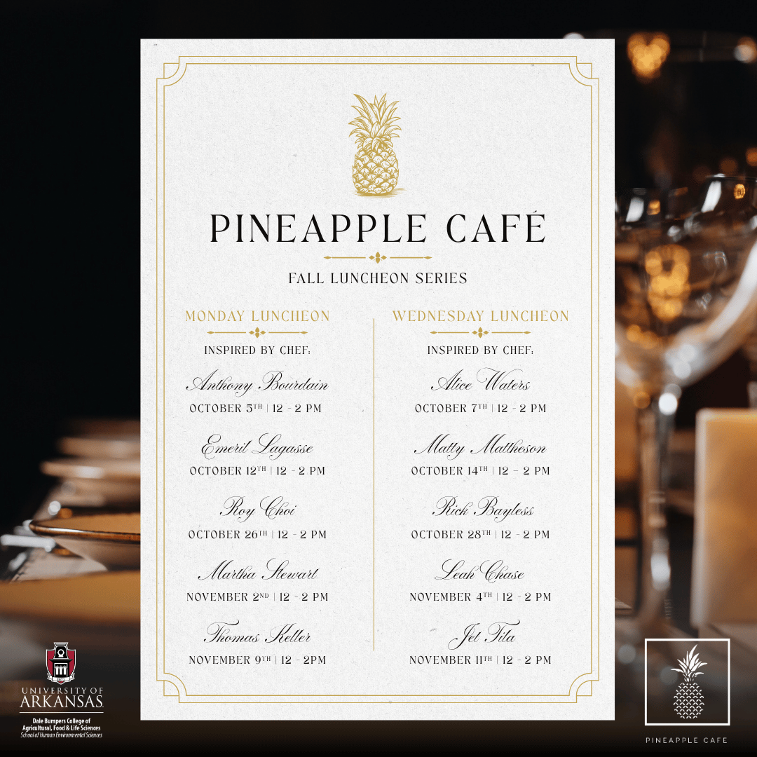 Cream menu card titled “Pineapple Café” with a gold pineapple emblem and gold border, listing Monday, Wednesday, and October/November lunch times and names in elegant script.