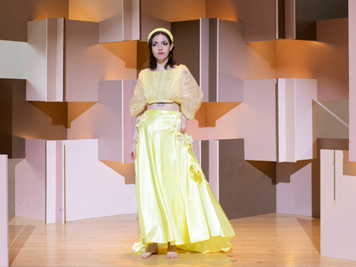 Aubrey Costello's Embody award winning pale yellow art deco evening gown worn by model Nathalie Corinne